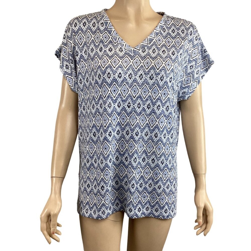 Orvis Classic Collection V-Neck Geometric Short Sleeve Top Size Small Stretch‎